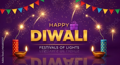 Happy diwali greeting with fireworks, diyas, and festive decorations on a purple background, celebrating the festival of lights