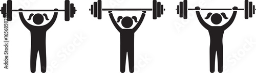 Three stick figures in silhouette lifting weights overhead in a gym or fitness setting isolated on white background