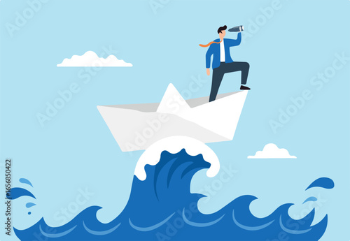 Flat illustration of businessman leader look through binocular on ship in stormy ocean symbolizing navigating challenge with vision