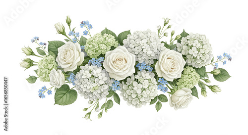 Elegant White Roses Hydrangea and Greenery Floral Arrangement for Wedding or Event Decor