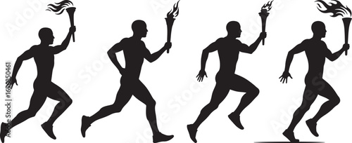 Four athletic runners in silhouette carrying olympic torches isolated on white background silhouette