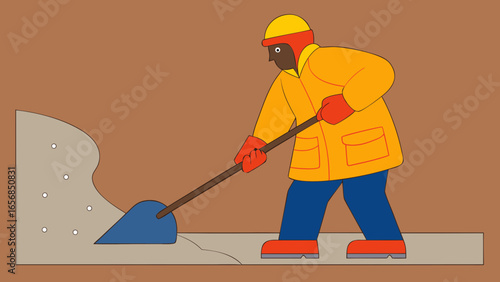 A male worker shoveling snow, diligent mood, clearing surface in winter scene, colorful background