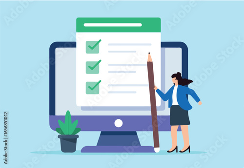 Flat illustration of woman employee hold pencil update business checklist on computer screen