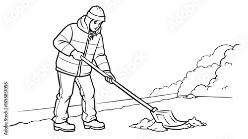 A person shoveling snow, determined mood, clearing area in snowy outdoor setting, monochrome background