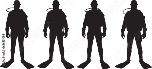 Four scuba divers in silhouette standing together isolated on white background