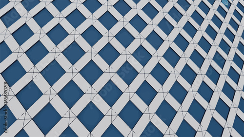 Modern architectural facade with a repeating geometric pattern of white diamonds over a blue background. Abstract exterior building design.