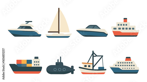 Collection of various nautical vessels: yacht, sailboat, cargo ship, submarine, and more