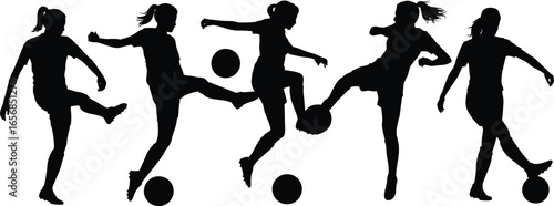Female soccer player silhouette vector, woman football action poses, kicking and dribbling