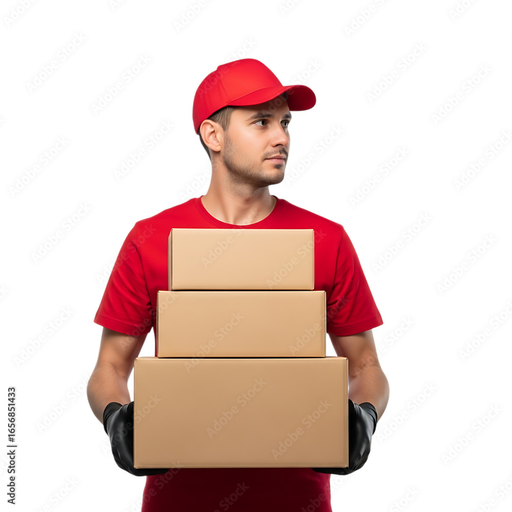 Delivery person in red uniform holding stack of cardboard boxes looking to the side with gloves on hands on transparent background Delivery person in red uniform holding stack of cardboard boxes looking to the side with gloves on hands on transparent background
