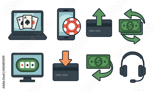 Online gambling icons: laptop, cards, mobile, payment, currency exchange, headset