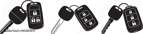 Three modern car key fobs with physical keys attached silhouette isolated on white background
