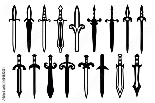 Collection of thirty distinct sword silhouettes for design projects