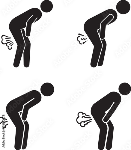 Four simple silhouette figures demonstrating flatulence isolated on white background silhouette