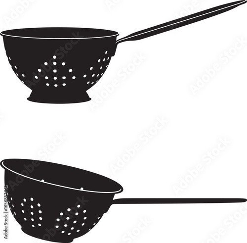 Two black silhouette colanders with handles isolated on white background