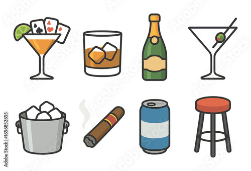 Cocktail and bar icon set featuring drinks, ice bucket, cigar, and bar stool