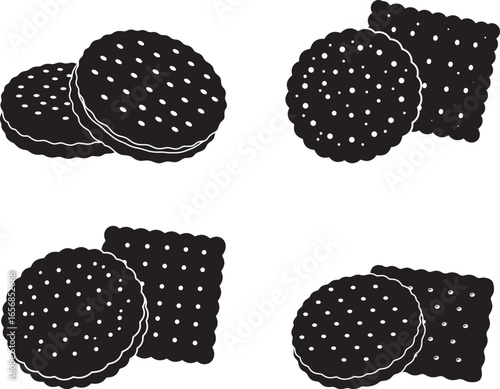 Four black silhouette cookie and cream sandwich pairs isolated on white background