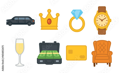 Luxury symbols: crown, diamond, cash, watch, car, champagne, card, armchair icons