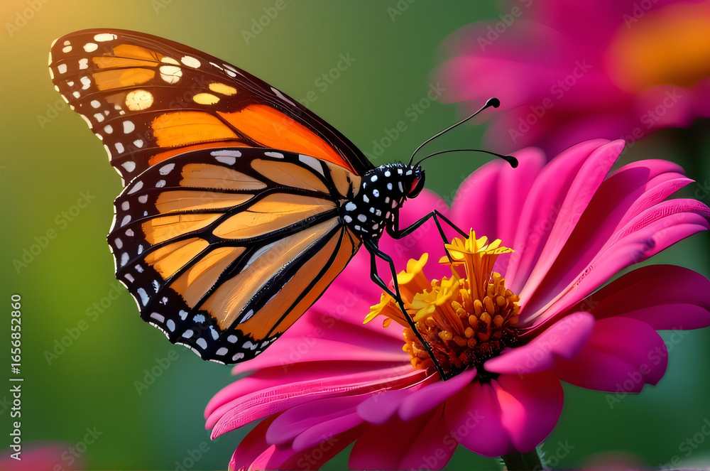 Fototapeta premium Monarch butterfly on pink flower showing wing patterns