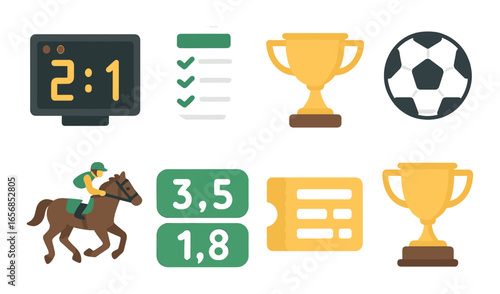 Sports icons collection: scoreboard, trophies, soccer ball, jockey horse race