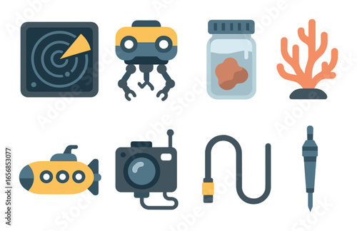 Underwater exploration icons: submarine, drone, coral, radar, camera, jar