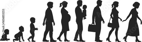 Human life stages silhouette from baby to elderly, people growth and aging process, family evolution, man and woman generation concept, childhood to adulthood timeline illustration