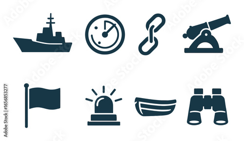 Nautical symbols: ship, compass, anchor, flag, telescope, boat, bell, chain