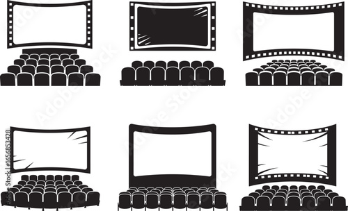 Collection of cinema theater seats and screens in silhouette isolated on white background