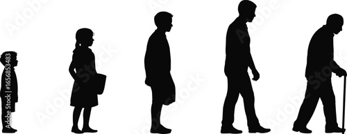 Human life stages silhouette from childhood to elderly man, people growth and aging process, male generation timeline, boy to adult to senior concept illustration