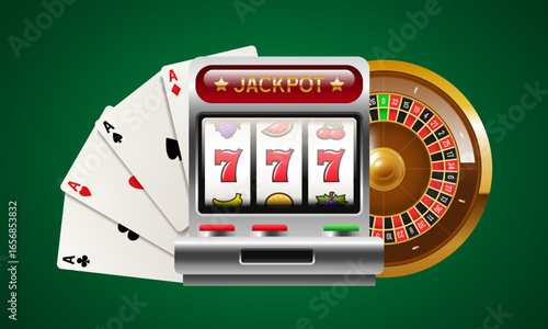 Slot machine with roulette wheel and cards. Vector 3d clip art isolated on green background.