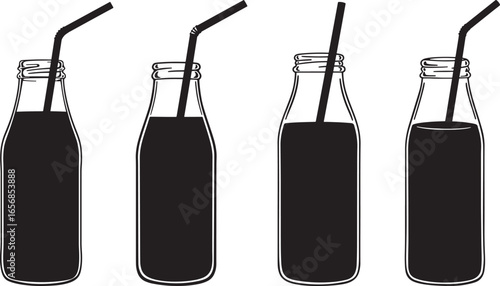 Four silhouette drinks in glass bottles with straws isolated on white background