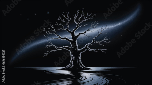 Mystical silhouette of a solitary bare tree under a cosmic night sky with its reflection in water. Ethereal fantasy landscape illustration.