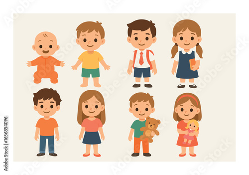 Cute cartoon children in various outfits and poses