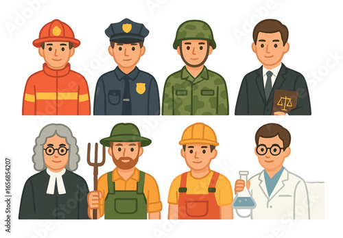 Cartoon illustrations of various professions including firefighter, police officer, and scientist