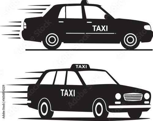 Two black taxi silhouettes in motion with speed lines isolated on white background