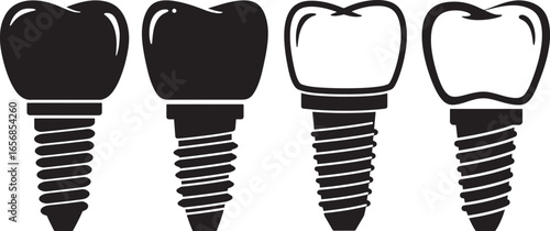 Four dental implants in silhouette two black and two white isolated on white background