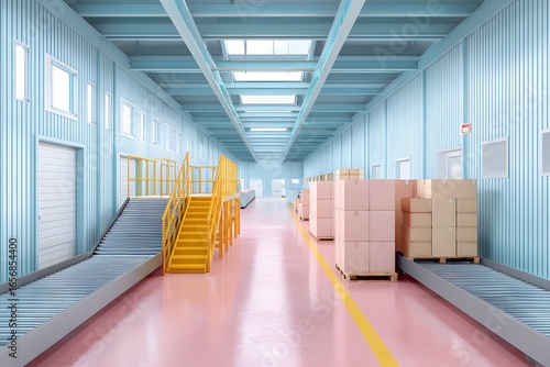 Modern distribution center interior featuring conveyor belts and stacked boxes, showcasing pastel industrial design with ample space and organized layout for efficient logistics operations