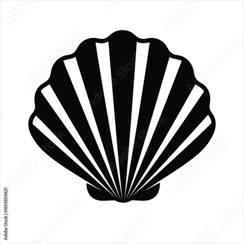 A black and white graphic illustration of a scallop seashell, isolated on white background