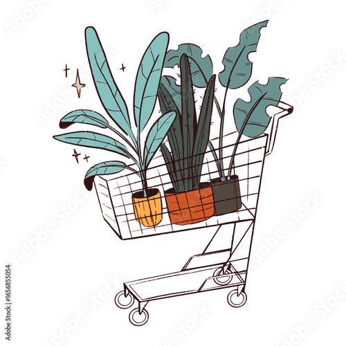 Three green houseplants in a shopping cart