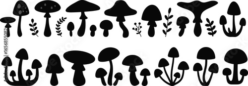 Mushroom silhouette collection, forest fungus vector illustration, black and white mushroom shapes, wild mushroom clipart, botanical mushroom icons, nature fungus design elements