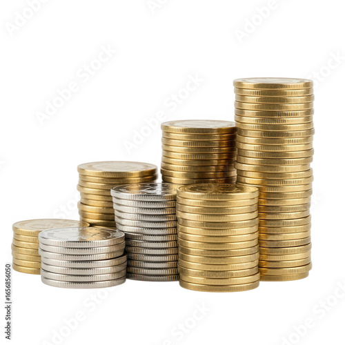 Stacks of gold and silver coins isolated on transparent background
