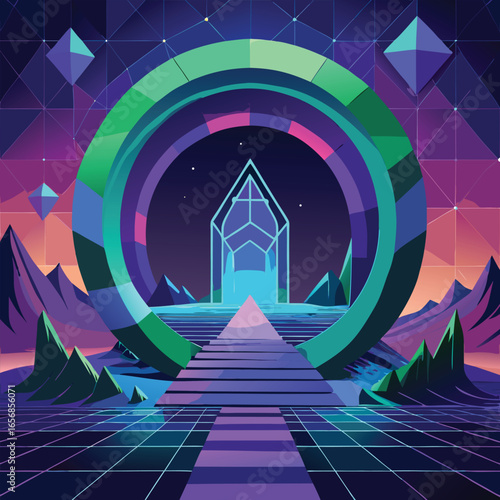 Futuristic gateway to the unknown with vibrant colors and geometric design suitable for various design projects