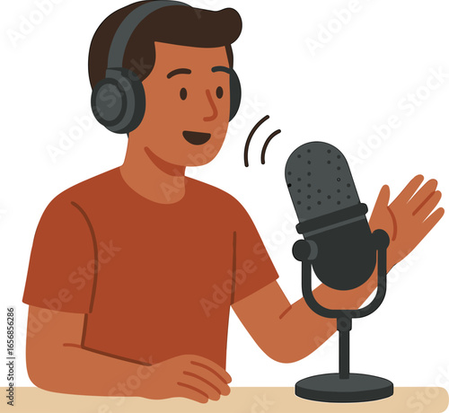 Podcast microphone with host talking, flat vector illustration on white background