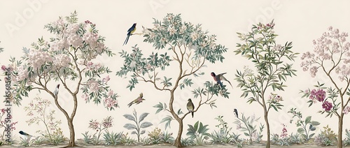 A hand-drawn mural of birds, flowers, and trees in the style of chinoiserie