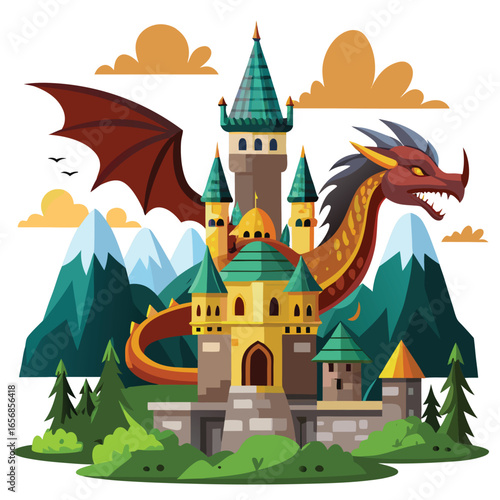 fantasy dragon and medieval castle scene with white background.
