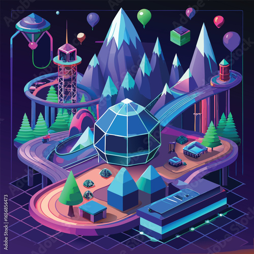 Futuristic isometric landscape with rollercoaster and geometric elements in vibrant neon colors with stylized mountains and balloons
