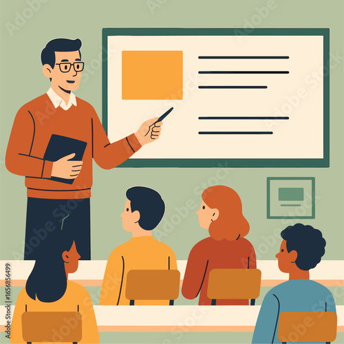 eacher giving lecture in classroom with students, flat 2D clean style on white background
