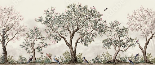 A hand-drawn mural of birds, flowers, and trees in the style of chinoiserie