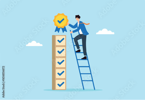Flat illustration of quality control manager climbing ladder of checkmarks to place compliance badge on certified product stack