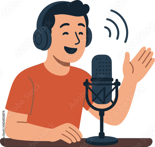 Podcast microphone with host talking, flat vector illustration on white background