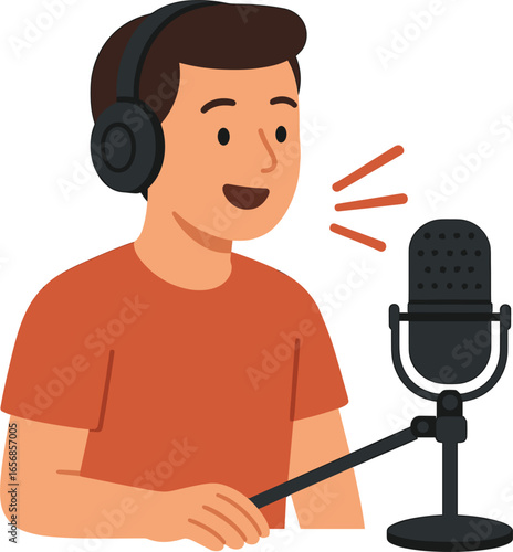 Podcast microphone with host talking, flat vector illustration on white background